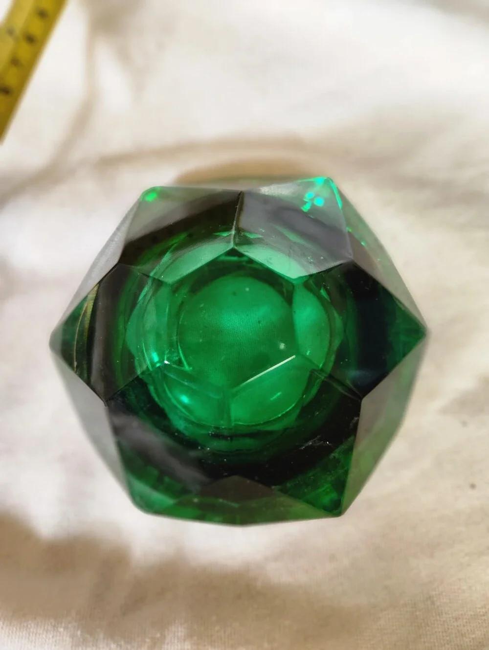 Vintage Emerald Green Faceted Glass Candle Holder Trinket Dish Gemstone Ash Tray